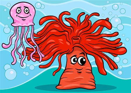 simsearch:400-09171923,k - Cartoon Illustrations of Funny Anemone and Jellyfish Sea Life Animal Characters Photographie de stock - Aubaine LD & Abonnement, Code: 400-07826731