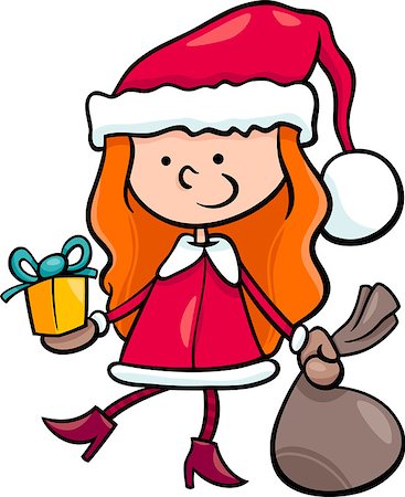 funny present christmas - Cartoon Illustration of Santa Claus Girl Character with Christmas Present and Bag of Gifts Stock Photo - Budget Royalty-Free & Subscription, Code: 400-07826750