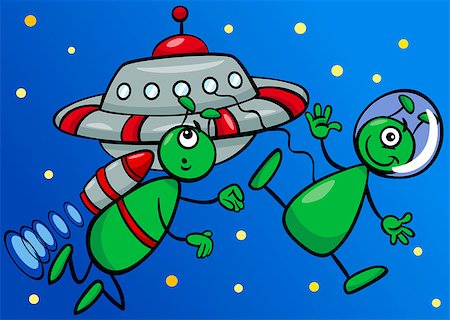 simsearch:400-07034082,k - Cartoon Illustration of Two Aliens or Martians Characters in Space with Ufo Ship Fotografie stock - Microstock e Abbonamento, Codice: 400-07826770