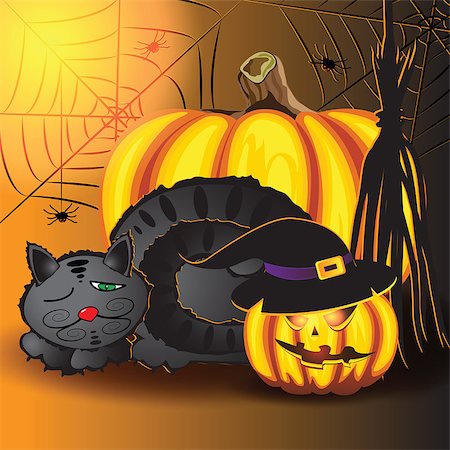 simsearch:400-04228432,k - Sleeping cat, pumpkins, spiderweb and broom in the basement before halloween. Foto de stock - Royalty-Free Super Valor e Assinatura, Número: 400-07826924