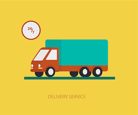 Flat concept illustration of delivery truck on yellow background with wallclock Stock Photo - Budget Royalty-Free & Subscription, Code: 400-07827235