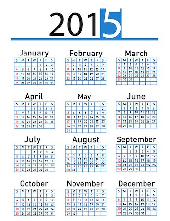 Simple 2015 year vector calendar Stock Photo - Budget Royalty-Free & Subscription, Code: 400-07827274