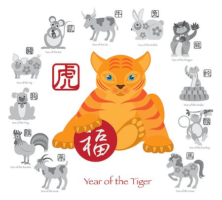 Chinese New Year of the Tiger Color with Twelve Zodiacs with Chinese Text Seal in Circle Grayscale Illustration Stock Photo - Budget Royalty-Free & Subscription, Code: 400-07827634