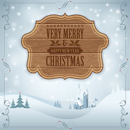 decor home new year - Christmas Background with Retro Wooden Frame, Label, Tree and House. Vector Template for Cover, Flyer, Brochure. Stock Photo - Budget Royalty-Free & Subscription, Code: 400-07827754