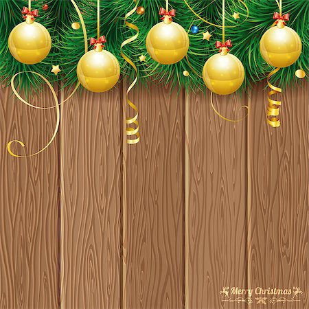 Christmas Theme with Wooden Boards, Baubles, Fir Branches, Retro Label and Gold Streamer, vector background. Stock Photo - Budget Royalty-Free & Subscription, Code: 400-07827750