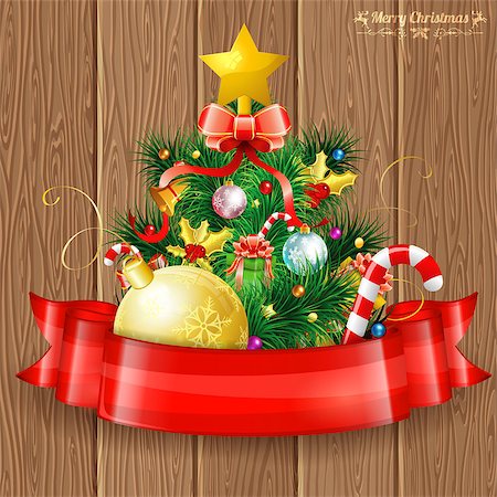 simsearch:400-08712804,k - Christmas Tree with Candy, Fir Branches, Mistletoe and Gift in Red Ribbon on Wooden Boards background, vector illustration. Stock Photo - Budget Royalty-Free & Subscription, Code: 400-07827752