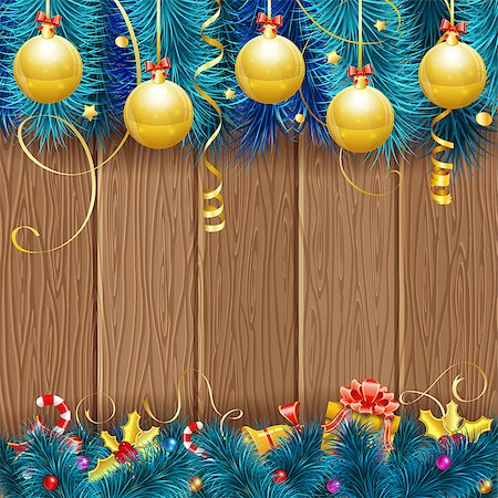 simsearch:400-09142612,k - Christmas Frame with Baubles, Fir Branches, Gold Streamer, Candy, Gift and Confetti on Wooden Background, vector template. Stockbilder - Microstock & Abonnement, Bildnummer: 400-07827753