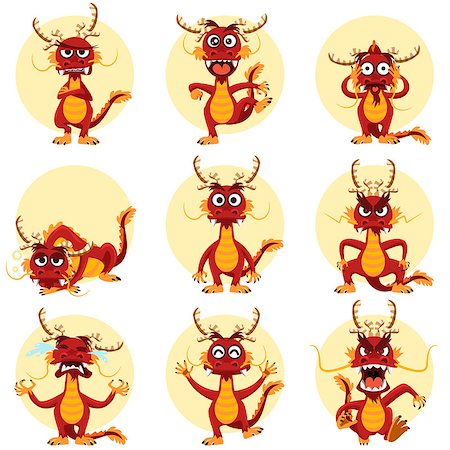 escova (artist) - Illustration Of Chinese Dragon Mascot Emoticons Set.  Contains smiley face, happy, sad, crying, angry, and many more. Stockbilder - Microstock & Abonnement, Bildnummer: 400-07828324