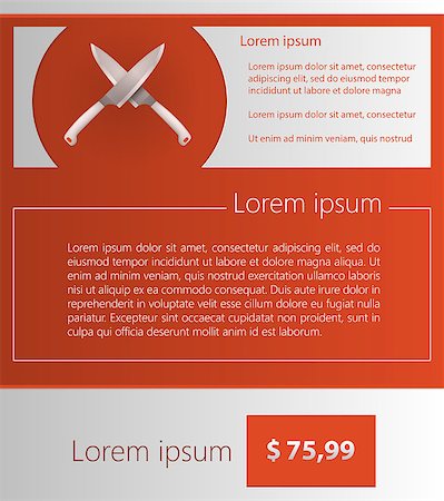 Flat vector illustration of gray crossed knives with sample text and price on red background. Stock Photo - Budget Royalty-Free & Subscription, Code: 400-07828345