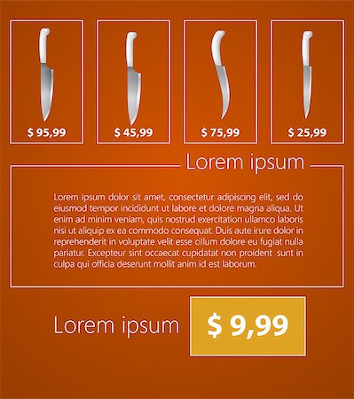 Flat vector illustration of kitchen knives with sample text and price on orange background. Stock Photo - Budget Royalty-Free & Subscription, Code: 400-07828346