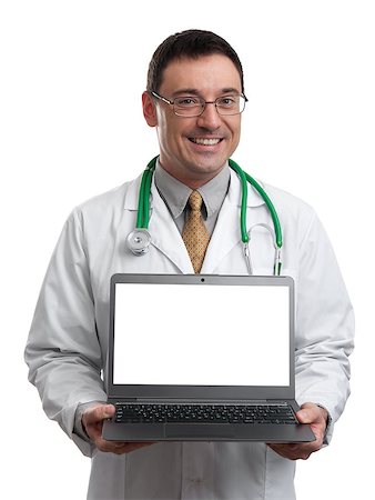 male doctor smiling and holding laptop computer with blank screen to add your message, isolated on white background Stock Photo - Budget Royalty-Free & Subscription, Code: 400-07828846