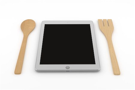 Tablet computer with wooden spoon and fork on white background, ideal for mock up - replacing screen. Photographie de stock - Aubaine LD & Abonnement, Code: 400-07829374