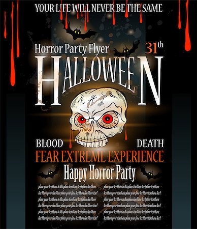 Halloween Horror Party flyer with a lot of themed elements and blood drops, bats, pumpkins and so over. Stock Photo - Budget Royalty-Free & Subscription, Code: 400-07829528
