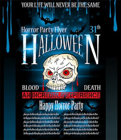 Halloween Horror Party flyer with a lot of themed elements and blood drops, bats, pumpkins and so over. Stock Photo - Budget Royalty-Free & Subscription, Code: 400-07829529