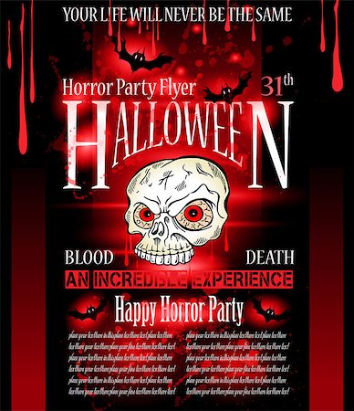 Halloween Horror Party flyer with a lot of themed elements and blood drops, bats, pumpkins and so over. Stock Photo - Budget Royalty-Free & Subscription, Code: 400-07829530