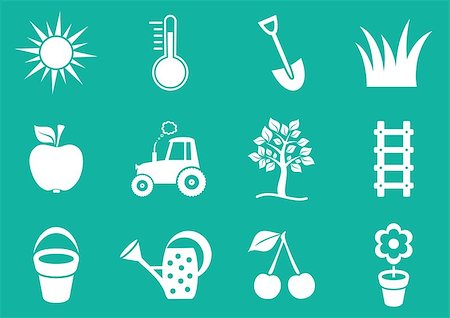 shovel in dirt - White vector gardening icons collection on green background Foto de stock - Super Valor sin royalties y Suscripción, Código: 400-07829640