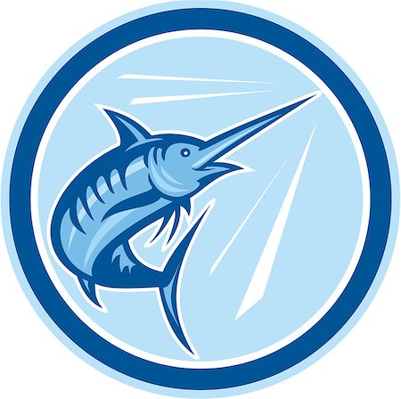 Illustration of a blue marlin fish jumping set inside circle on isolated background done in cartoon style. Stock Photo - Budget Royalty-Free & Subscription, Code: 400-07820023