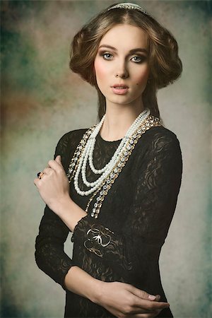 simsearch:400-07981805,k - cute brunette girl posing in fantasy portrait wearing like a antique aristocratic lady with precious brilliant crown, vintage hair-style and brilliant jewellery Stock Photo - Budget Royalty-Free & Subscription, Code: 400-07820041