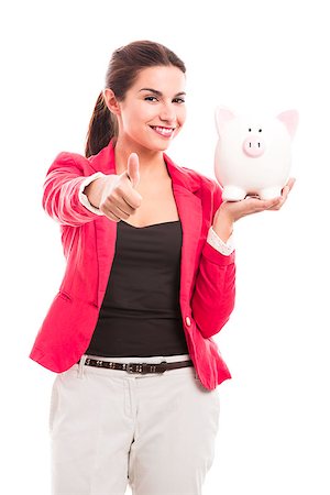 Business woman holding a piggy bank and doing thumbs up, isolated over a white background Stock Photo - Budget Royalty-Free & Subscription, Code: 400-07820181