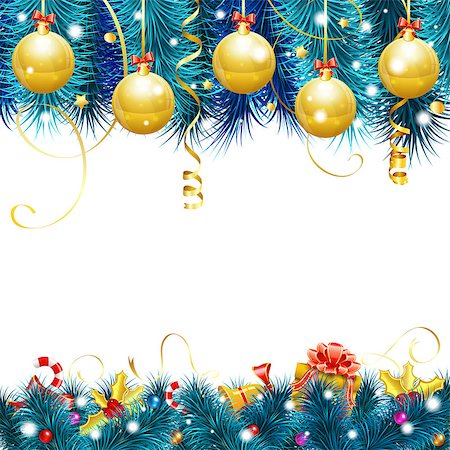 simsearch:400-09142612,k - Christmas Frame with Baubles, Fir Branches, Gold Streamer, Candy, Gift and Confetti, vector isolated on white background. Stockbilder - Microstock & Abonnement, Bildnummer: 400-07820300