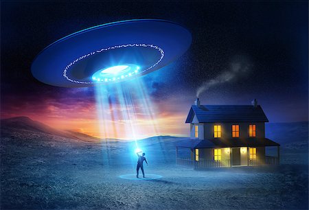 UFO Abduction. A person being abducted in front of his house one spooky evening. Foto de stock - Super Valor sin royalties y Suscripción, Código: 400-07820738