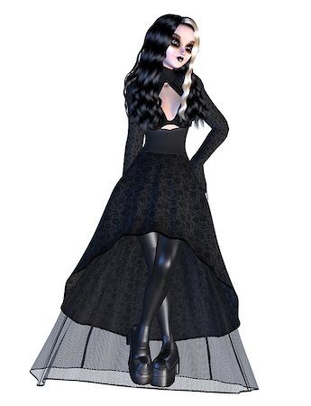simsearch:400-07619565,k - Digitally rendered image of a gothic girl in black dress on white background. Foto de stock - Royalty-Free Super Valor e Assinatura, Número: 400-07820856