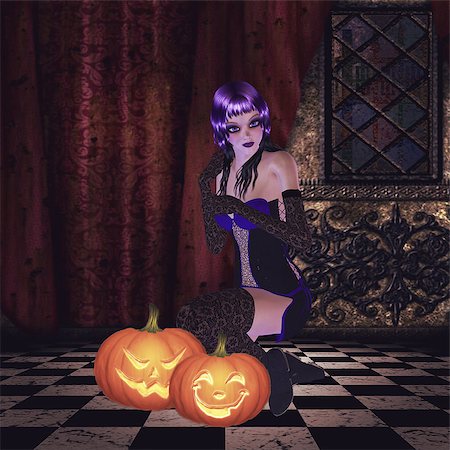simsearch:400-07776243,k - Gothic girl with violet hair and two pumpkins in the room. Fotografie stock - Microstock e Abbonamento, Codice: 400-07820893