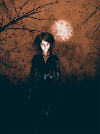simsearch:400-05666428,k - Woman in leather coat on red background with moon and trees. Stock Photo - Budget Royalty-Free & Subscription, Code: 400-07820912