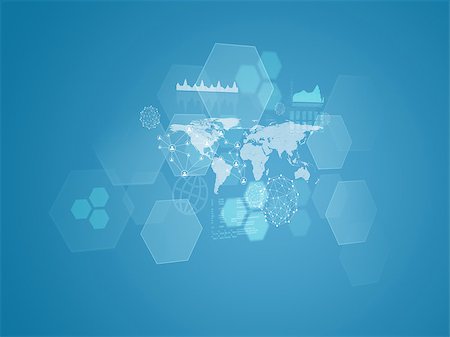 World map, transparent hexagons, graphs and network. Blue background Stock Photo - Budget Royalty-Free & Subscription, Code: 400-07821745