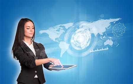 simsearch:400-07895693,k - Beautiful businesswomen in suit using digital tablet. World map with glow circles, graphs and network Stock Photo - Budget Royalty-Free & Subscription, Code: 400-07821772
