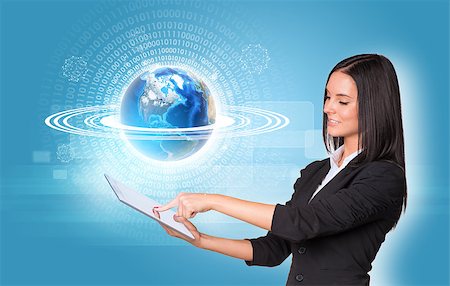 simsearch:400-07895693,k - Beautiful businesswomen in suit using digital tablet. Earth with figures and transparent rectangles. Element of this image furnished by NASA Stock Photo - Budget Royalty-Free & Subscription, Code: 400-07821873