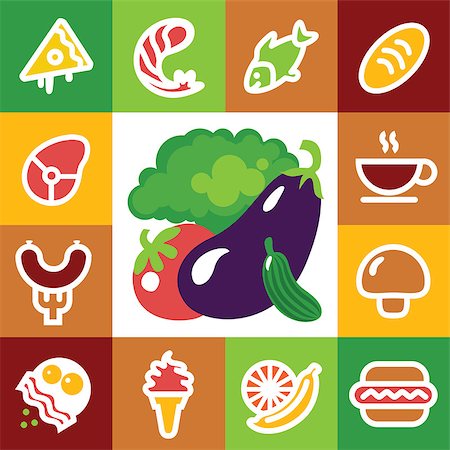 simsearch:400-06171664,k - Food Icons - illustration, fresh seafood, fruits, vegetables Foto de stock - Super Valor sin royalties y Suscripción, Código: 400-07822381