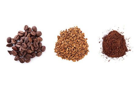 Soluble coffee, coffee beans and ground coffee isolated on white background, top view. Three piles of coffee. Coffee variation Stock Photo - Budget Royalty-Free & Subscription, Code: 400-07822648