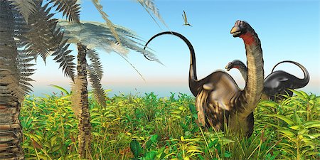 simsearch:400-07039388,k - A Pteranodon flies past two Apatosaurus dinosaurs in a lush Cretaceous jungle. Stockbilder - Microstock & Abonnement, Bildnummer: 400-07823068