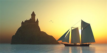 simsearch:400-04804018,k - A schooner sails by a fortress castle on an island offshore from the coastline. Stock Photo - Budget Royalty-Free & Subscription, Code: 400-07823070