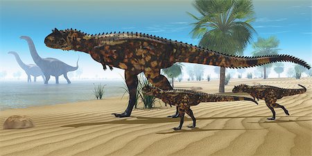 simsearch:400-07039388,k - A Carnotaurus mother brings her offspring down to a river to drink as two Apatosaurus dinosaurs wade by. Stockbilder - Microstock & Abonnement, Bildnummer: 400-07823071