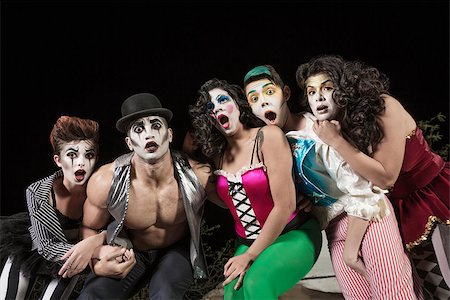 Surprised group of character clowns at theater Fotografie stock - Microstock e Abbonamento, Codice: 400-07823113