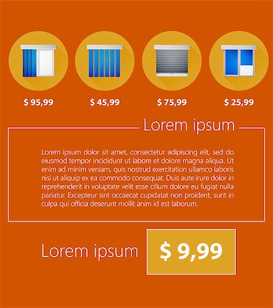 simsearch:400-07675125,k - Mock up for sale of windows with blue and gray shutters with prices and example text. Flat vector illustration on orange background. Photographie de stock - Aubaine LD & Abonnement, Code: 400-07823604