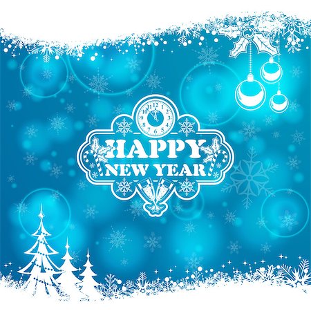 New Year Frame with Clock, Glass, Bauble, Tree and Snowflake on Blurred Bokeh Background. Vector Template for Flyers and Brochure. Stock Photo - Budget Royalty-Free & Subscription, Code: 400-07823652