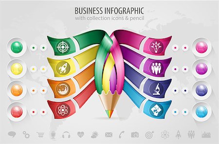 symbols of multimedia - Business Infographic with Pencil, Icons and Map. Vector Template Photographie de stock - Aubaine LD & Abonnement, Code: 400-07823675