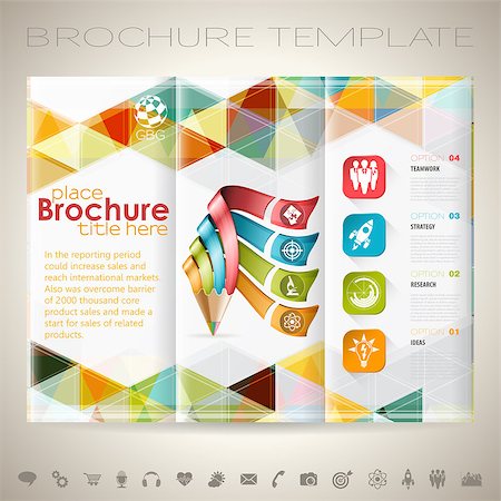 Business Brochure Design with Triangle Pattern, Pencil, Icons and Number Options. Vector Template. Stock Photo - Budget Royalty-Free & Subscription, Code: 400-07823677