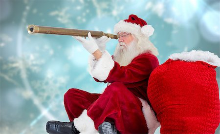 Santa claus looking through telescope against blurred christmas background Stock Photo - Budget Royalty-Free & Subscription, Code: 400-07834042