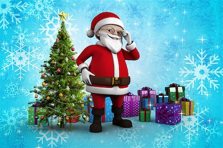 Cute cartoon santa claus against christmas tree with gifts Stock Photo - Budget Royalty-Free & Subscription, Code: 400-07834270