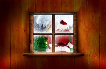 snow house window - Santa delivery presents to village against window in wooden room Stock Photo - Budget Royalty-Free & Subscription, Code: 400-07834377