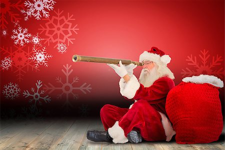 Santa claus looking through telescope against snowflake wallpaper over floor boards Stock Photo - Budget Royalty-Free & Subscription, Code: 400-07834601