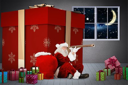Santa looking through a telescope against grey room Stock Photo - Budget Royalty-Free & Subscription, Code: 400-07834620