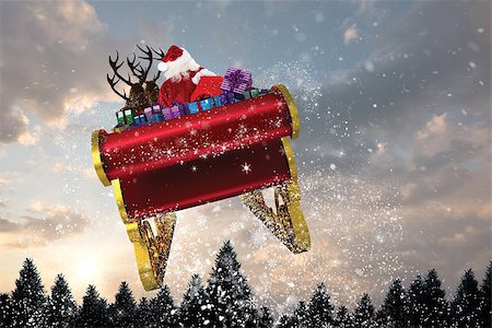 santa claus sleigh flying - Santa flying his sleigh against snow falling on fir tree forest Stock Photo - Budget Royalty-Free & Subscription, Code: 400-07834695