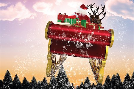 simsearch:400-07755560,k - Santa flying his sleigh against snow falling on fir tree forest Stock Photo - Budget Royalty-Free & Subscription, Code: 400-07834702