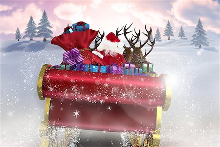 santa claus sleigh flying - Santa flying his sleigh against snowy landscape with fir trees Stock Photo - Budget Royalty-Free & Subscription, Code: 400-07834823