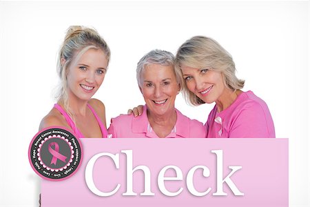 simsearch:400-06870717,k - Happy women wearing pink tops and ribbons for breast cancer against pink card Stock Photo - Budget Royalty-Free & Subscription, Code: 400-07834867